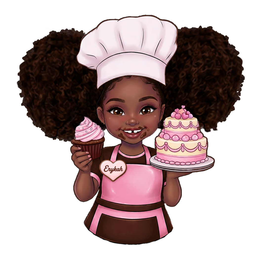 The Pastry Junkie mascot holding a cupcake and cake