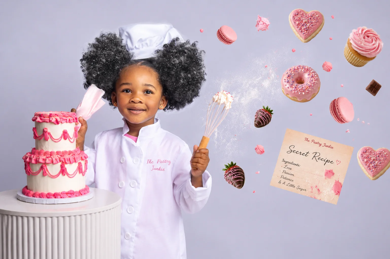 The Pastry Junkie young baker presenting a decorated cake