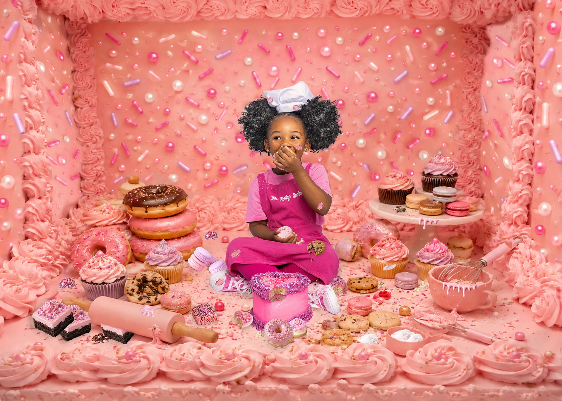 Young baker surrounded by cakes, cupcakes, cookies, donuts and macarons