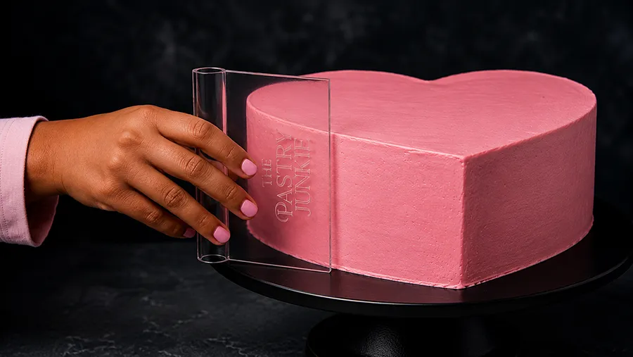 Cake being smoothed with an acrylic scraper