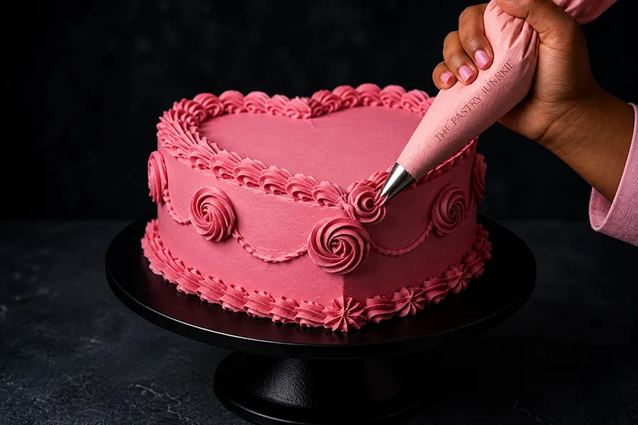 Buttercream rosette being piped onto a cake