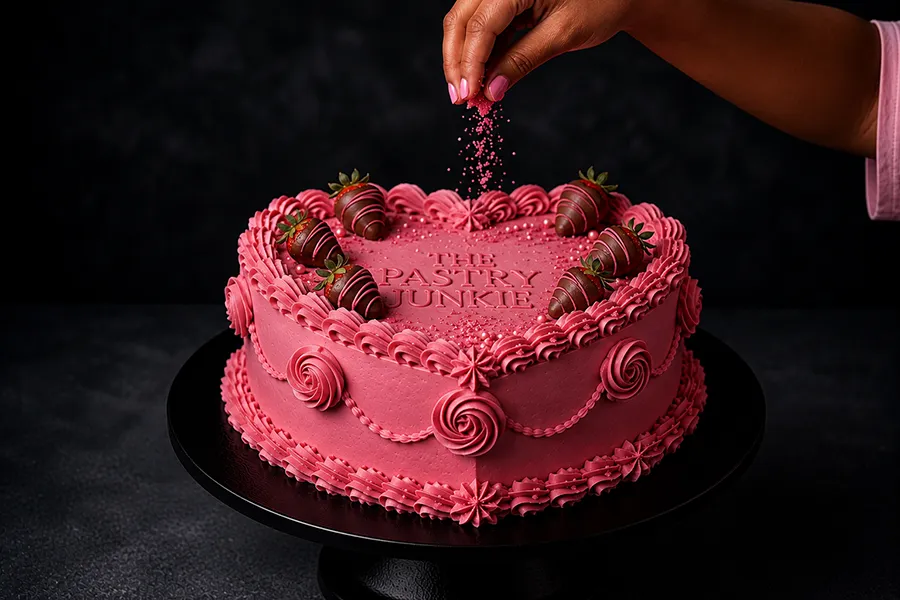 Sprinkles being added to a cake