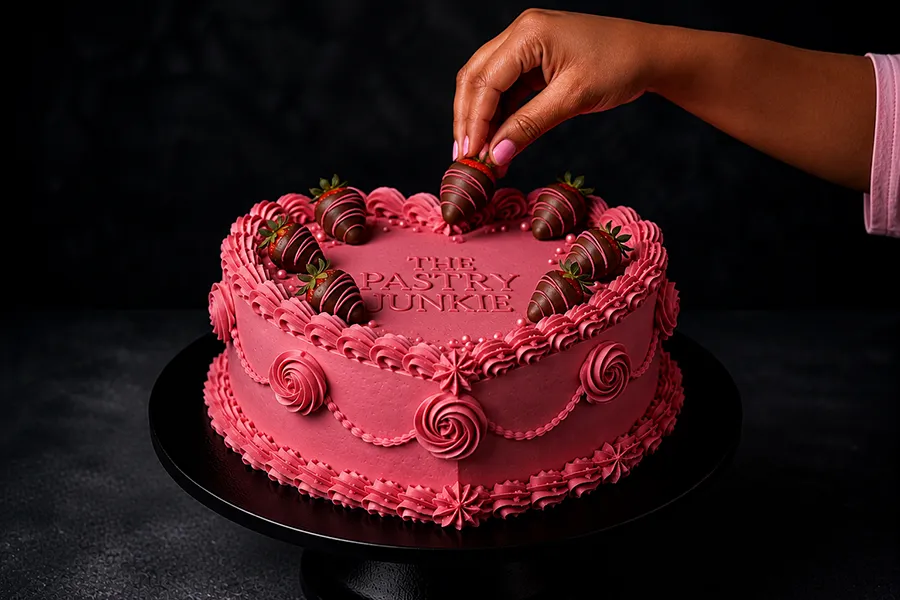 Chocolate-covered strawberry being placed on a finished cake