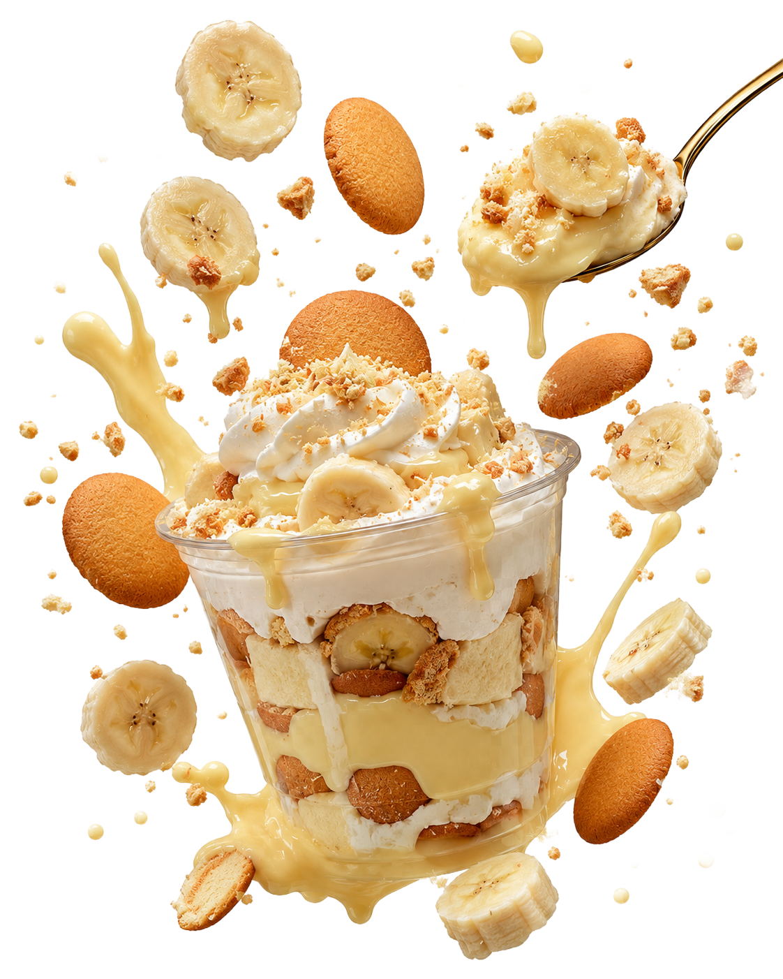 Loaded banana pudding surrounded by bananas, cookies and pudding splashes